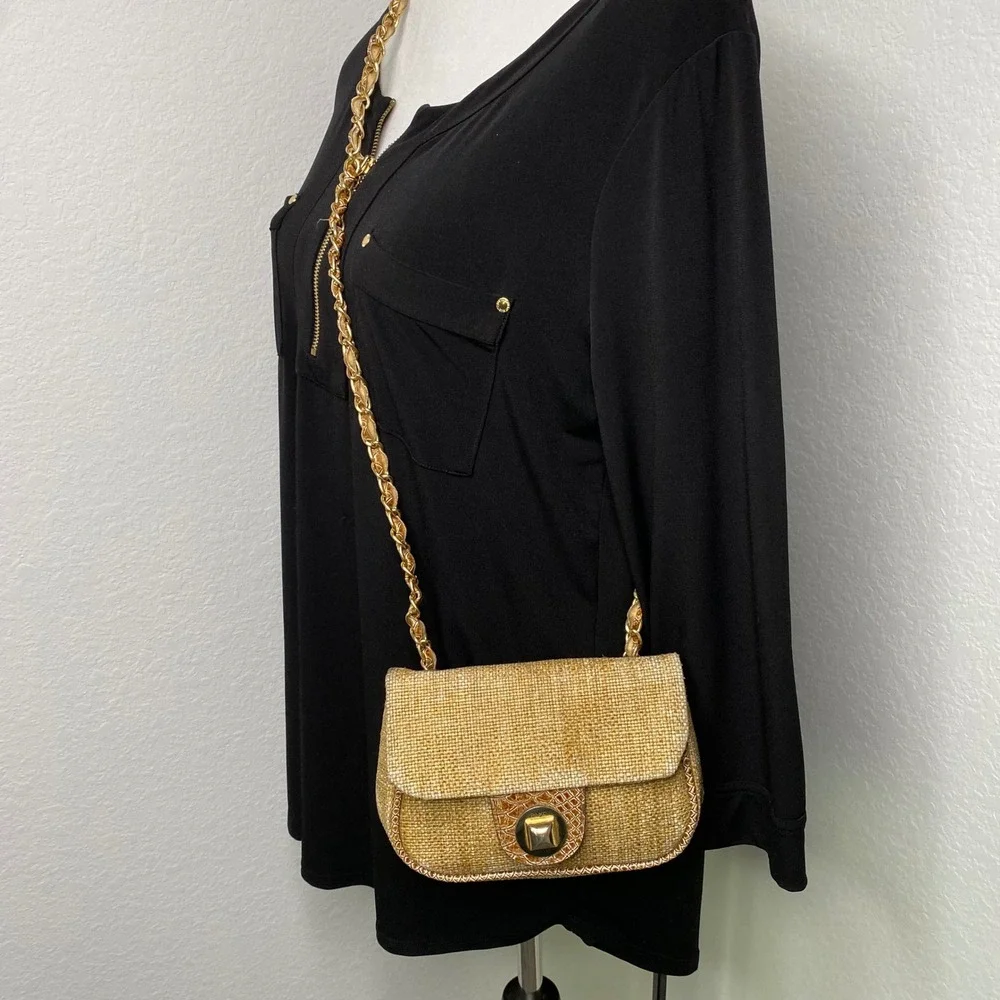 Pinko Womens Crossbody‎ Bag Gold Chain Straw Look Tan and Gold